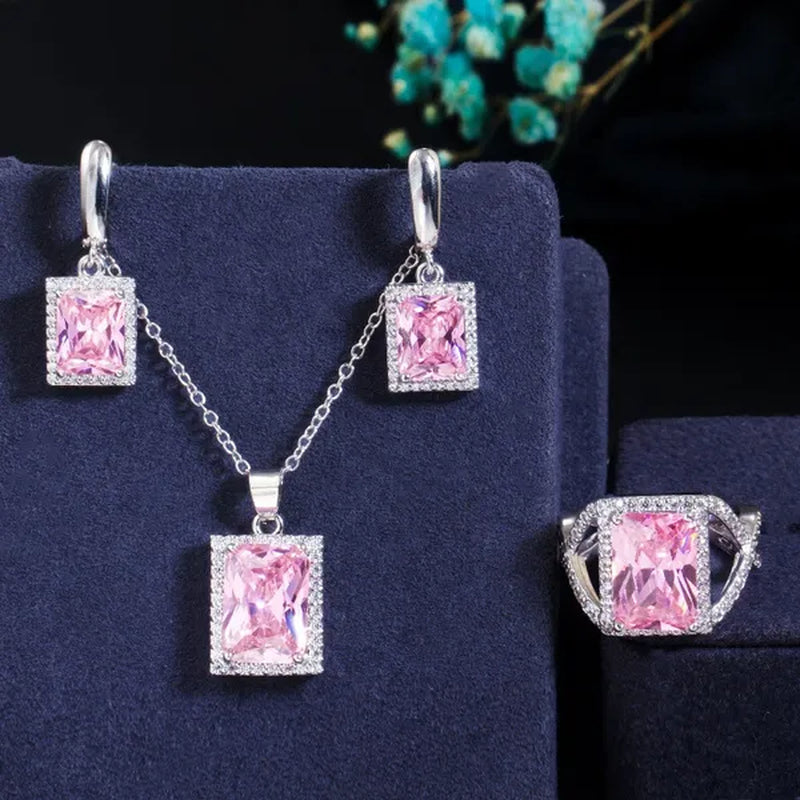 Gloriya Elegant Purple CZ Square Pendant Chain Necklace Earrings and Ring Set Women Fashion Silver Plated Jewellery Sets for Best Gifts