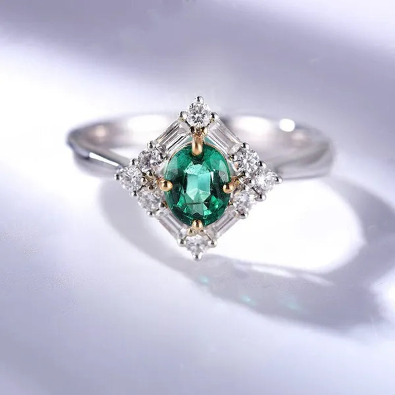 Oval Cut Emerald Engagement Ring Art Deco Ring Halo round and Baguette Diamond Vintage White Gold Wedding Ring Unique Anniversary Art Deco Size 5-11 Bague Femme