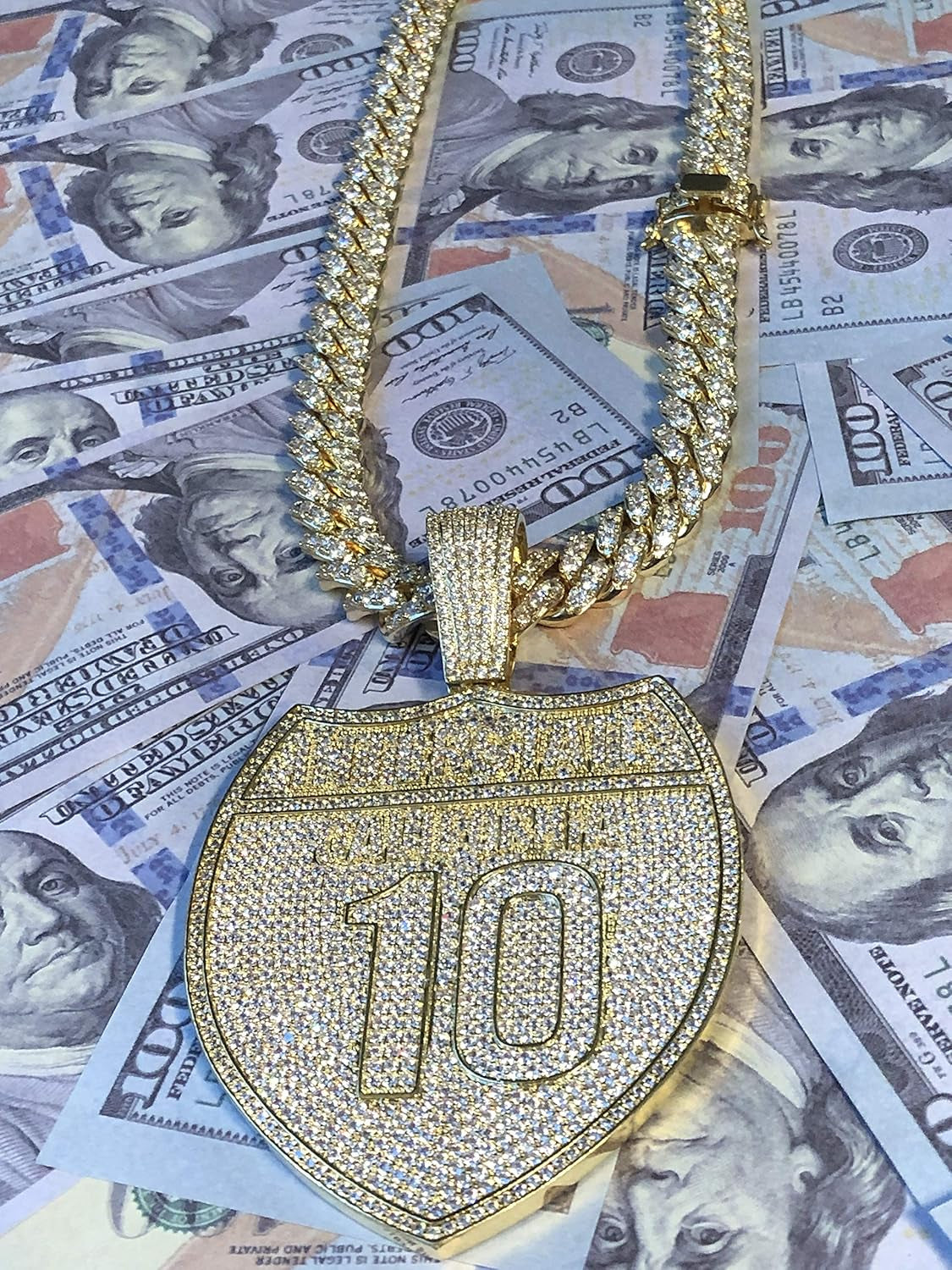 Mens 14K Gold Finish 13Mm Miami Cuban Link Chain Choker Freeway I10 Street California Necklace Iced Prong Set Cuban Chain for Men, Miami Cuban Link Chain Choker Necklace (18" Chain & Pendant)