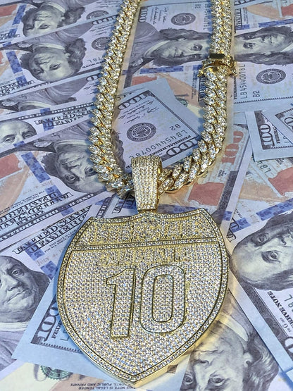 Mens 14K Gold Finish 13Mm Miami Cuban Link Chain Choker Freeway I10 Street California Necklace Iced Prong Set Cuban Chain for Men, Miami Cuban Link Chain Choker Necklace (18" Chain & Pendant)