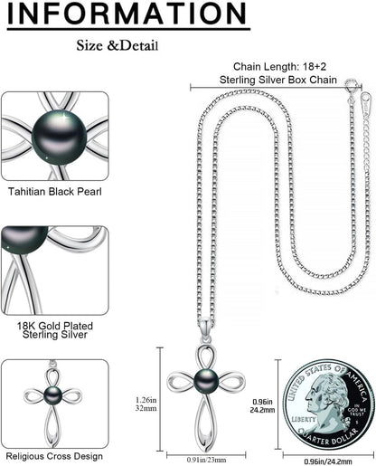 Tahitian Black Pearl AAAA 18K White Gold Plated Sterling Silver Religious Cross Pendant Necklace for Women Wife Mom Girlfriend Her Jewelry Gift for Anniversary Birthday