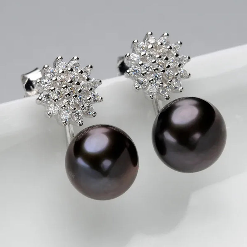 Real 925 Sterling Silver 7-8mm Black Freshwater Pearl Stud Earring Women Fashion Jewelry FEIGE