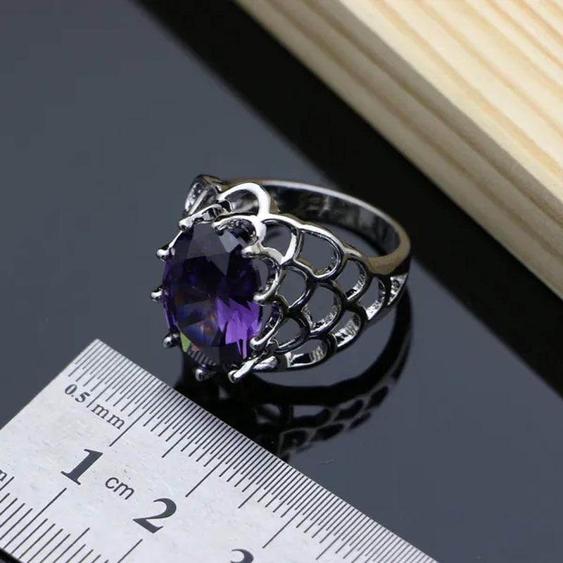 Purple Amethyst White Topaz Crown Silver 925 Jewelry Set for Women Earrings Necklace Set