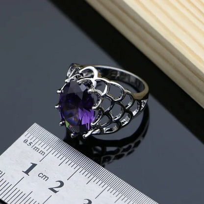 Purple Amethyst White Topaz Crown Silver 925 Jewelry Set for Women Earrings Necklace Set