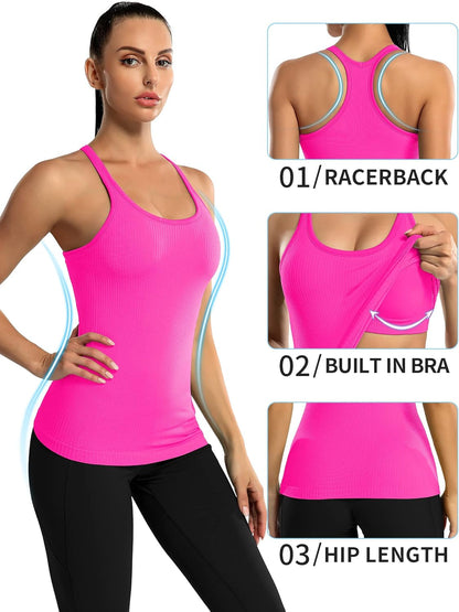 Ribbed Workout Tank Tops for Women with Built in Bra Tight Racerback Scoop Neck Athletic Top
