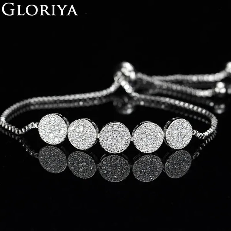 Gloriya Glitter 5 Pcs Round Shaped Full Micro Inlay Tiny CZ Zirconia Designer Bar Slider Bracelet Women Jewelry With White Gold Plated（Size :Adjustable）