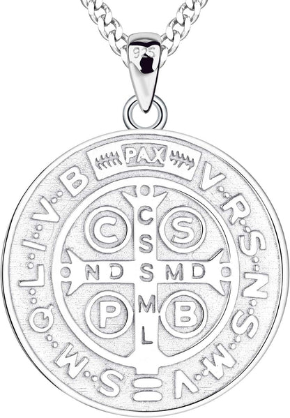 Saint Benedict Necklace 925 Sterling Silver Patron Saint Benedict Medal Pendant Amulet Protection Religious Jewelry for Men Women - WORLD TIME VISITS