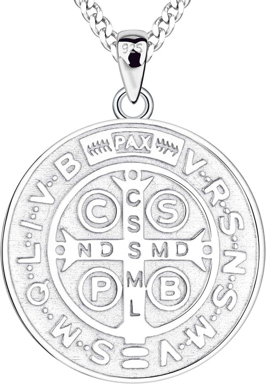Saint Benedict Necklace 925 Sterling Silver Patron Saint Benedict Medal Pendant Amulet Protection Religious Jewelry for Men Women - WORLD TIME VISITS