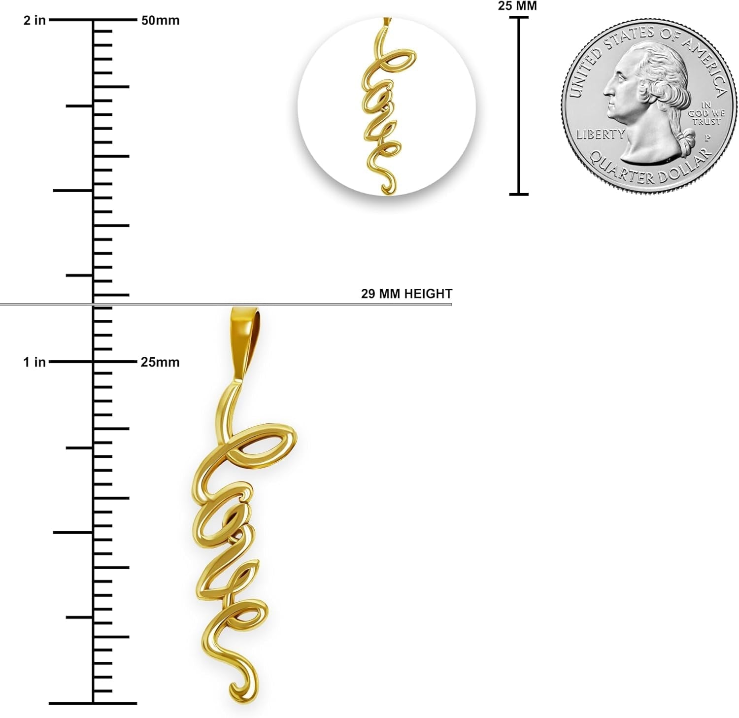 Gold Vertical Love Charm - 10 Karat Solid Gold - Cursive Love Pendant - WORLD TIME VISITS