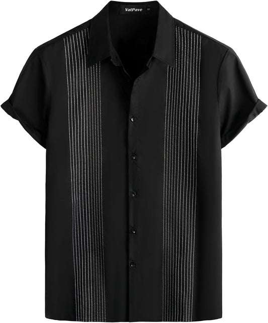 Mens Hawaiian Cotton Linen Shirts Casual Short Sleeve Button down Shirts Summer Beach Embroidered Shirts