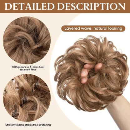 Large Messy Bun Hair Piece Wavy Curly Scrunchies Synthetic Chignon Ponytail Hair Extensions Thick Updo Hairpieces for Women Ash Blonde