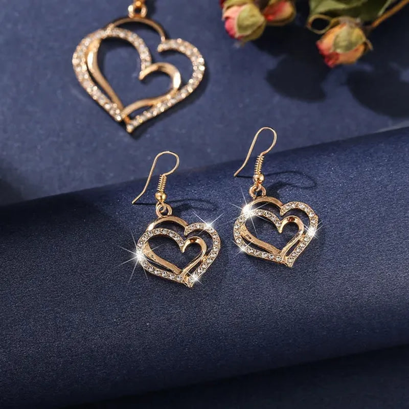 Classic Diamond Crystal Heart Pendant Necklace and Earrings Set Wedding Party Jewelry Set for Women