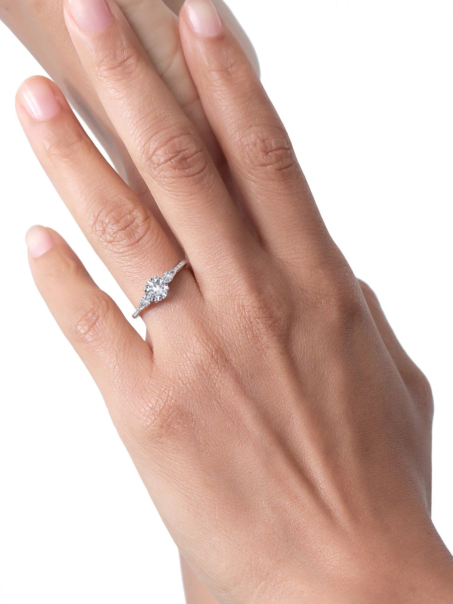 10K White Gold White Created Sapphire and White Diamond Accent 3-Stone Engagement Ring for Women (1.35 Cttw, round 6MM, Gemstone September Birthstone, Size 9)