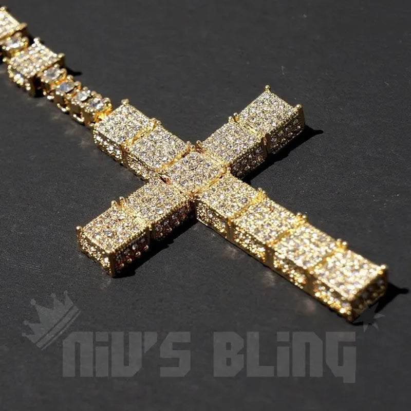 Men's 14k Gold CZ Iced Simulated Diamonds ROSARY SQUARE Jesus Cross Pendant 30" Chain Necklace