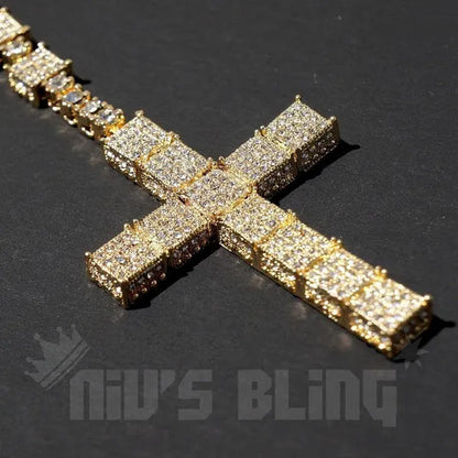 Men's 14k Gold CZ Iced Simulated Diamonds ROSARY SQUARE Jesus Cross Pendant 30" Chain Necklace