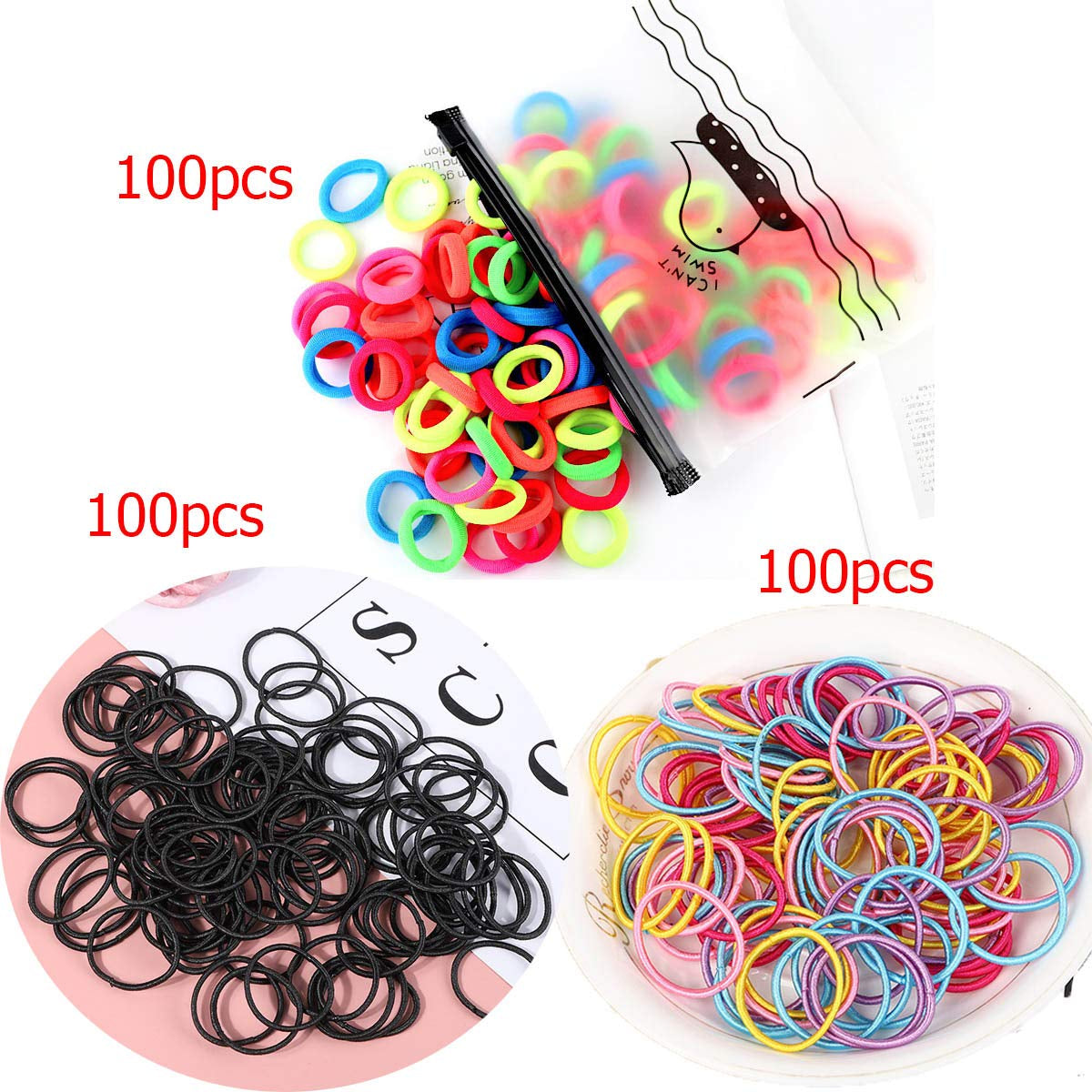 300 Pack Hair Ties  Baby Toddlers Girls Elastics Hair Bands Black Colorful Small Rubber Bands Ponytail Pigtails Holders Not Harm to Hair (Color A)