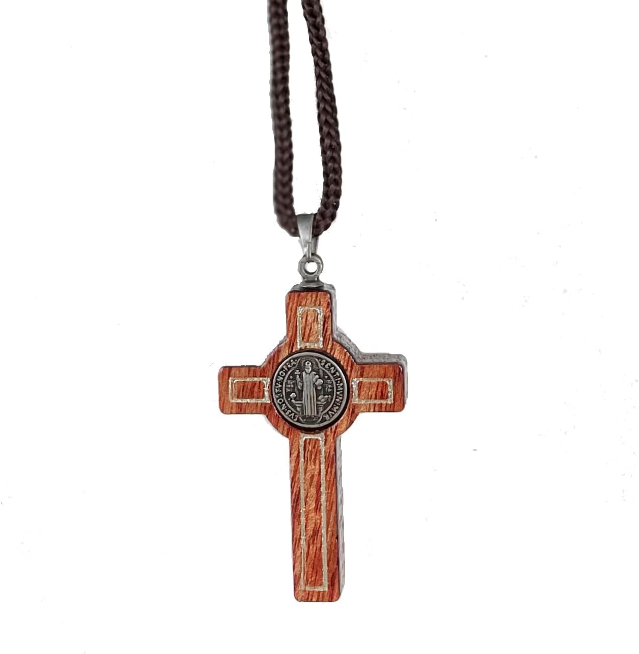 Saint Benedict Medal Wood Crucifix Pendant Cord Necklace. Religious Necklace for Men and Women. Made in Brazil