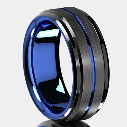 8mm Blue Black Brushed Tungsten Carbide Ring with Ladder Edge Blue Groove Design Comfort Fit Wedding Band Ring Men Jewelry Delicate Style Gift