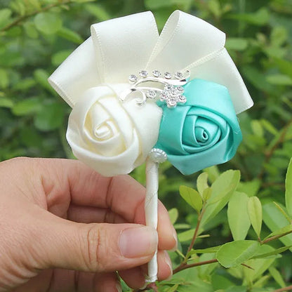 Handmade 8Piece/Lot Colorful Silk Rose Wedding Corsages Boutonniere Groom Diamond Wedding Flowers Boutonniere Brooch Flower