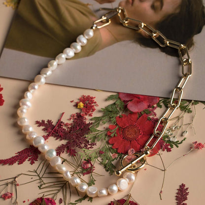 Paper Clip Pearl Necklace Vintage Chunky Link Chain Baroque Cultured Pearls 18K Gold Choker Fashion Retro Charm Valentine Jewelry for Women Girls