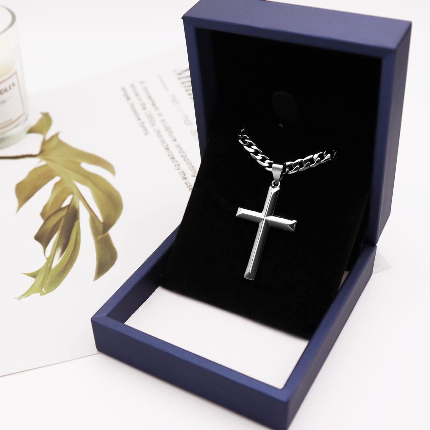 925 Sterling Silver Cross Necklace for Men Women with Stainless Steel Durable Cuban Link Chain Polished Beveled Edge Cross Chain Pendant Necklace Jewelry 16-28 Inches