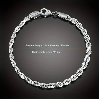 Fashion and Exquisite Men and Women 925 Silver Solid Silver 4Mm Rope Chain Necklace Bracelet (Necklace + Bracelet)