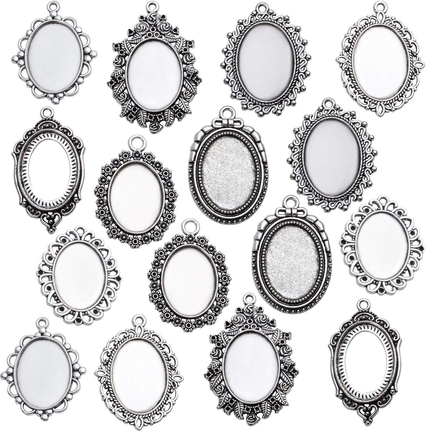 16 Pieces Bezel Pendant Trays, 18X25Mm Oval Pendant Trays Bezels Cabochon Settings Trays Pendant Blanks for Crafting DIY Jewelry Making - 8 Styles, Antique Silver