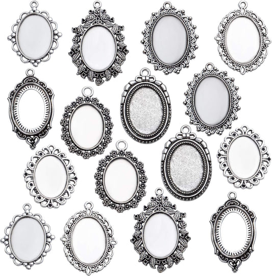 16 Pieces Bezel Pendant Trays, 18X25Mm Oval Pendant Trays Bezels Cabochon Settings Trays Pendant Blanks for Crafting DIY Jewelry Making - 8 Styles, Antique Silver