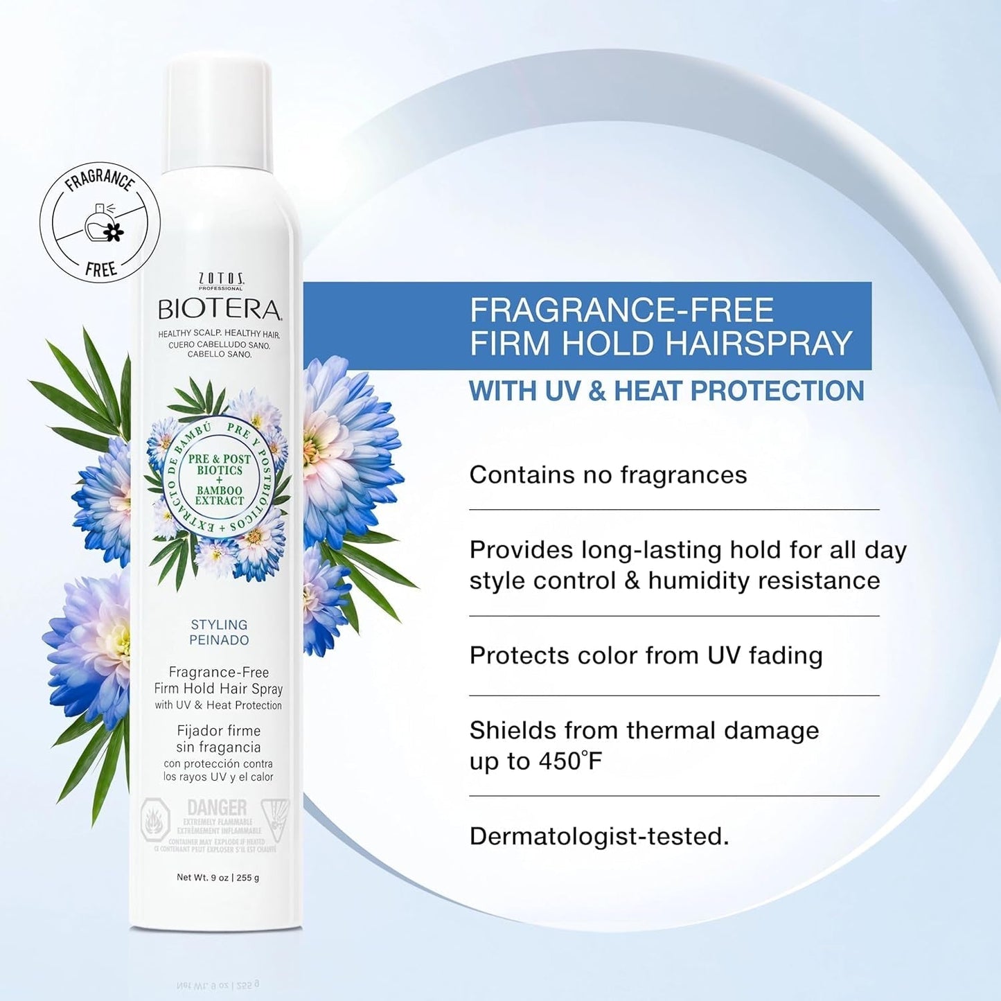 Biotera Styling Fragrance-Free Firm Hold Hair Spray | UV & Heat Protection | 50 VOC | Vegan & Animal Test Free | Paraben & Sulfate Free | Color-Safe | 9 Fl Oz