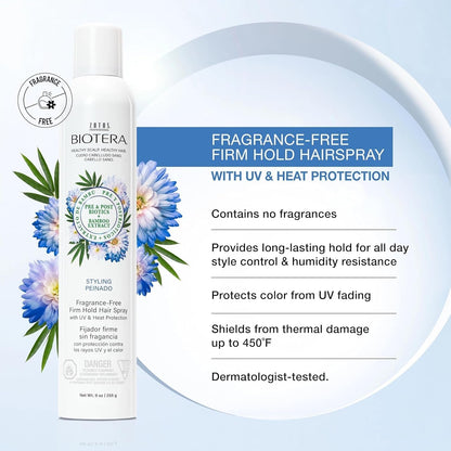 Biotera Styling Fragrance-Free Firm Hold Hair Spray | UV & Heat Protection | 50 VOC | Vegan & Animal Test Free | Paraben & Sulfate Free | Color-Safe | 9 Fl Oz