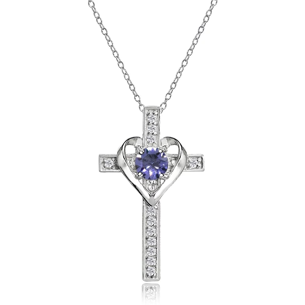 Sterling Silver Tanzanite and White Topaz Heart Cross Birthstone Pendant Necklace