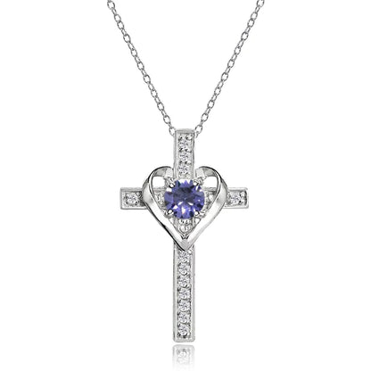 Sterling Silver Tanzanite and White Topaz Heart Cross Birthstone Pendant Necklace