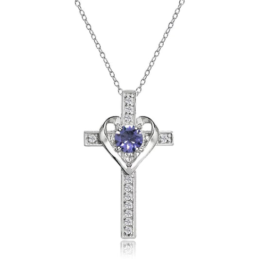 Sterling Silver Tanzanite and White Topaz Heart Cross Birthstone Pendant Necklace