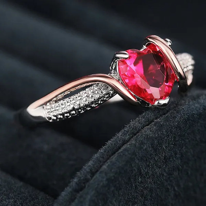 Trendy Gold Silver Two Tone Silver Plated Heart Ruby Micro Pave Lab Diamond Rings for Women Romantic Wedding Fine Jewelry