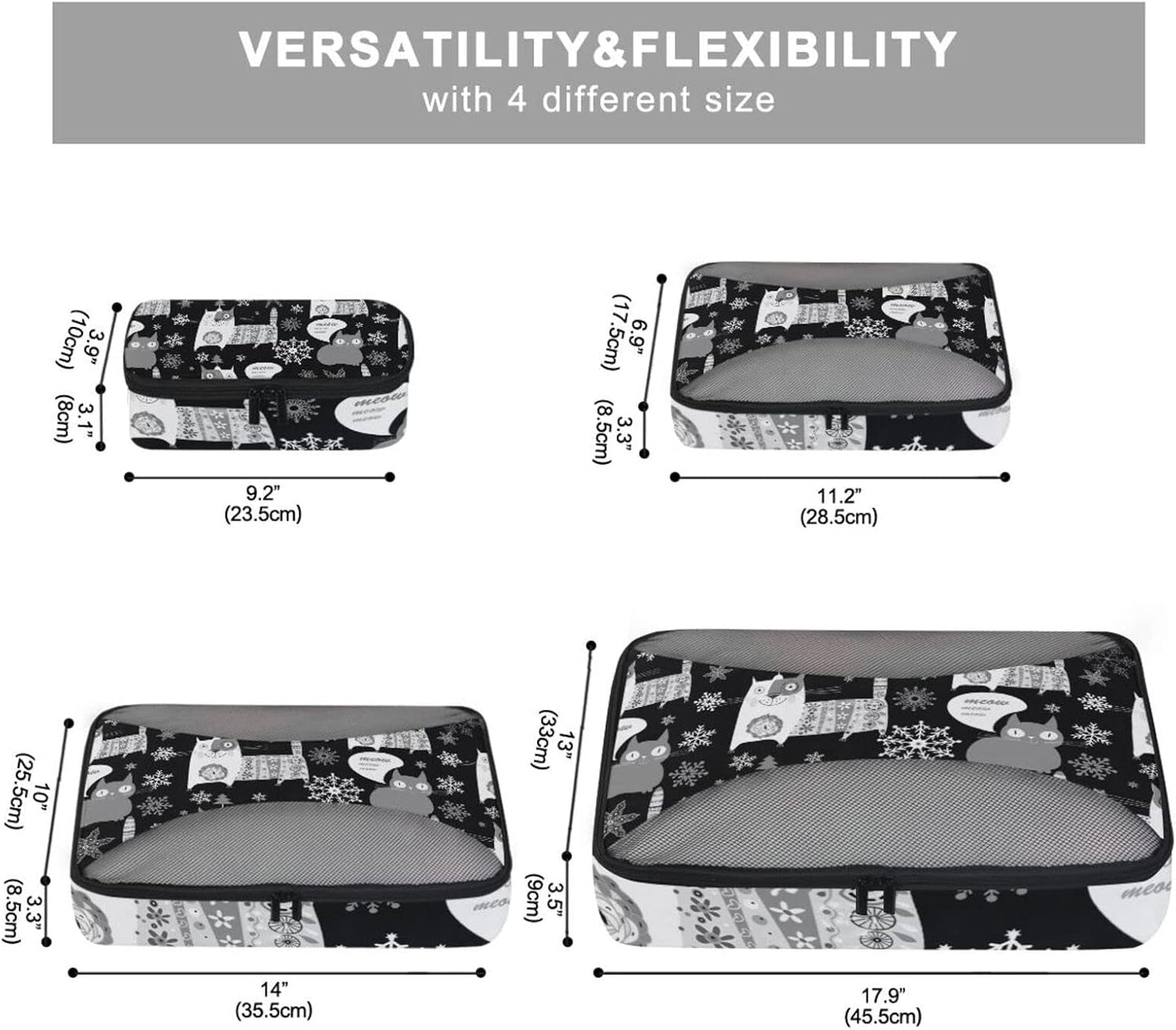 Seamless Retro Russian Cat Snowflakes on Black Happy New Year 4 Pcs Set Packing Bags, Luggage Organizer Bag, Portable Cube Toiletry Bag, Durable Travel Cosmetic Storage Bag for Men Women