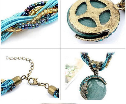 Women Lady Handmade Retro Vintage Bohemian Style Twist Woven Rope Chain Turquoise Rhinestone Pendant Collar Necklace Fashion Jewelry