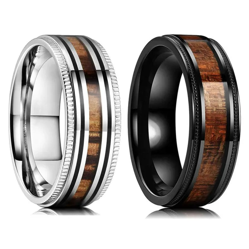 Luxury Jewelry Accessories Plus Size Mens Ring 8mm 316L Stainless Steel Wedding Ring Inlay Koa Wood Sawtooth Edge Titanium Steel Rings for Men - WORLD TIME VISITS