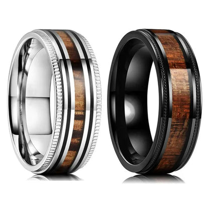 Luxury Jewelry Accessories Plus Size Mens Ring 8mm 316L Stainless Steel Wedding Ring Inlay Koa Wood Sawtooth Edge Titanium Steel Rings for Men - WORLD TIME VISITS