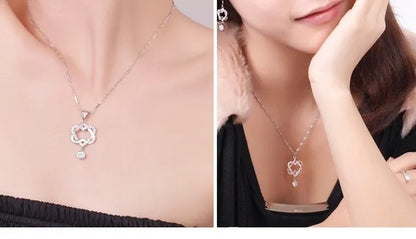 New Fashion 925 Silver  Women Double Heart Diamond Pendant Chain Necklace Jewelry Gifts for Love(Pendant and Chain)