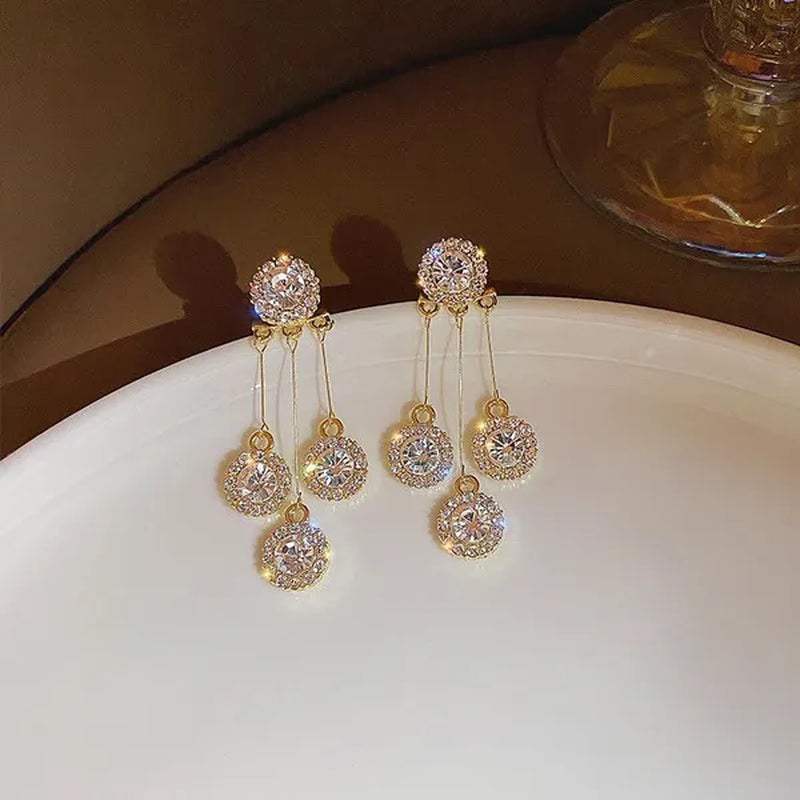 New Luxurious Round Rhinestone Tassel Dangle Stud Earrings For Women Shiny Temperament Gold Silver Color Earrings