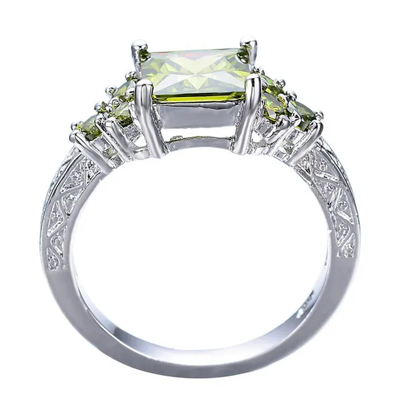Unique Princess Cut Peridot Sapphire 925 Silver Platinum Ring Exquisite Dainty Ring Size 5-11
