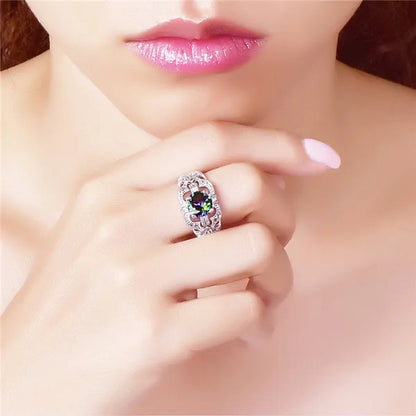 Round Cut Rainbow & Pink White Topaz Gemstone 100% 925 Sterling Silver Ring Size 6 7 8 9