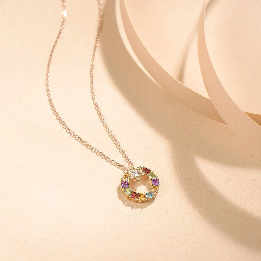 14K Solid Yellow Gold Sapphire Topaz Amethyst Garnet Peridot Citrine Multigemstone round Open Circle Pendant Necklace Gift for Her Mom Women, 16" + 2" Extender