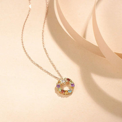 14K Solid Yellow Gold Sapphire Topaz Amethyst Garnet Peridot Citrine Multigemstone round Open Circle Pendant Necklace Gift for Her Mom Women, 16" + 2" Extender