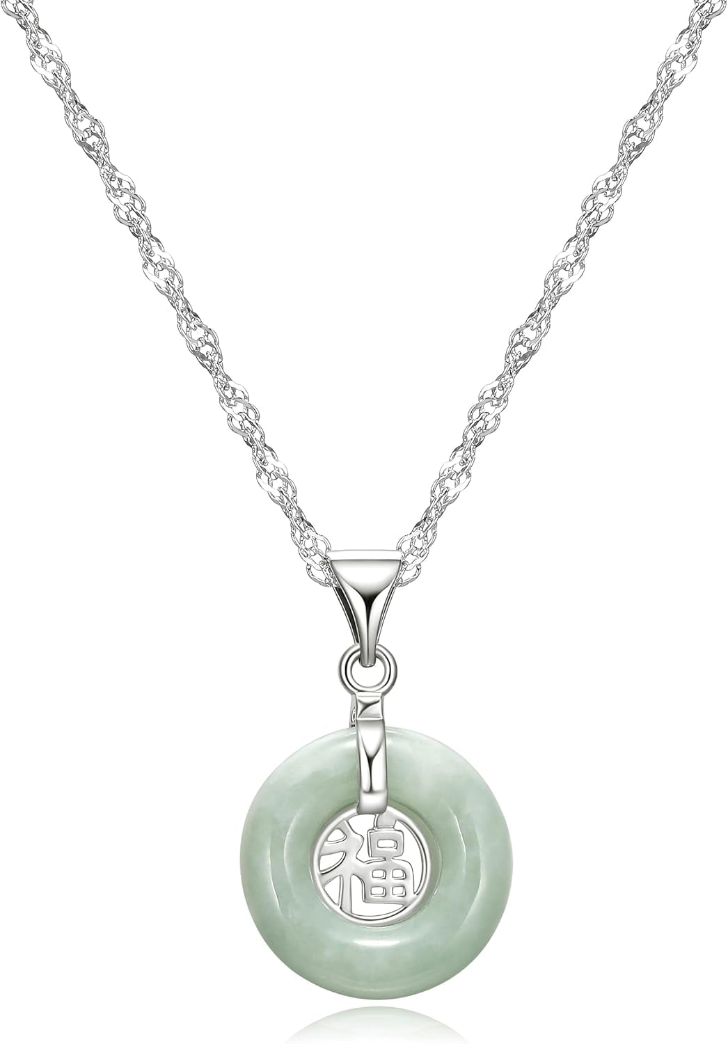 .925 Sterling Silver Rhodium Plated Genuine Jade Necklaces for Women - Green Jade Good Fortune Fu Symbol Dainty and Lightweight Sterling Silver Necklace for Women, 18 Inch