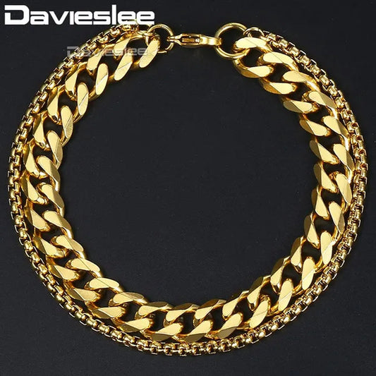 9mm Bracelet for Men Women Curb Cuban Box Link Double Chain Gold Silver Black Tone Gold Plated Stainless Steel Wristband Polished Fashion Jewelry