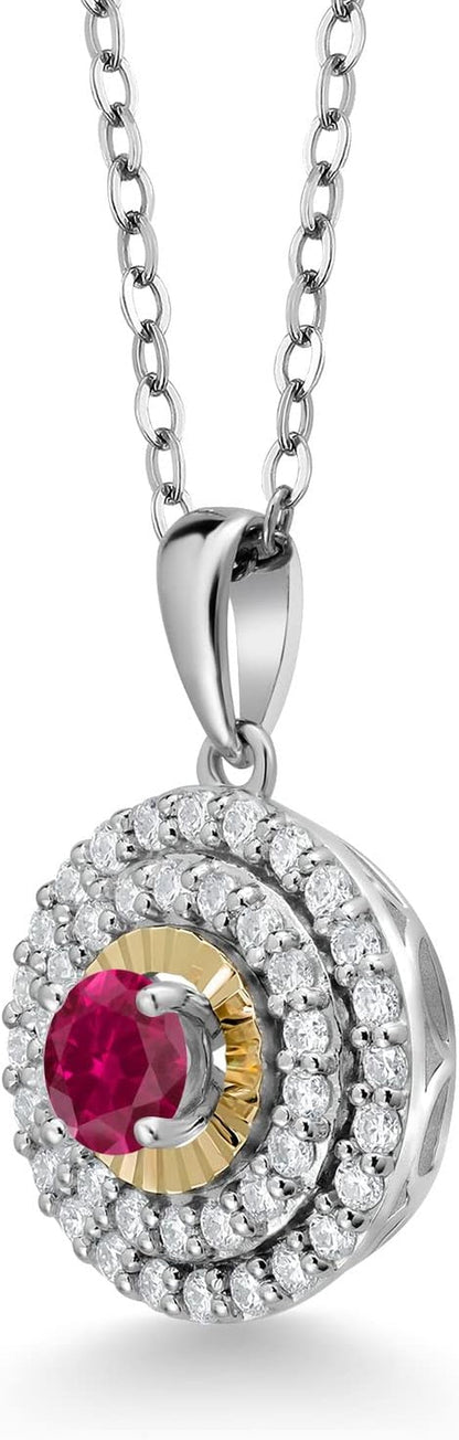 925 Sterling Silver and 10K Yellow Gold round Red Created Ruby and White Moissanite Pendant Necklace for Women (0.59 Cttw, with 18 Inch Chain)