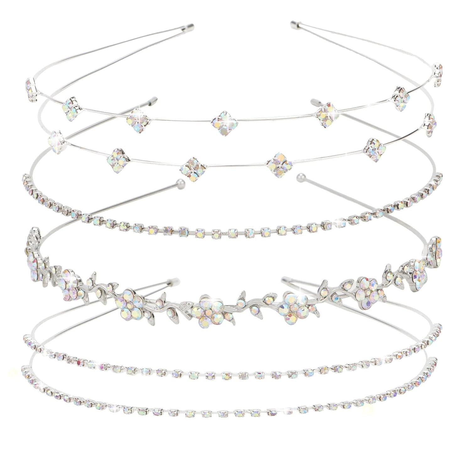 Silver Bridal Headband 4 Pieces Rhinestone Headbands AB Crystal Flower Girl Leaves Crown Head Band Tiara Wedding Hair Accessories - WORLD TIME VISITS