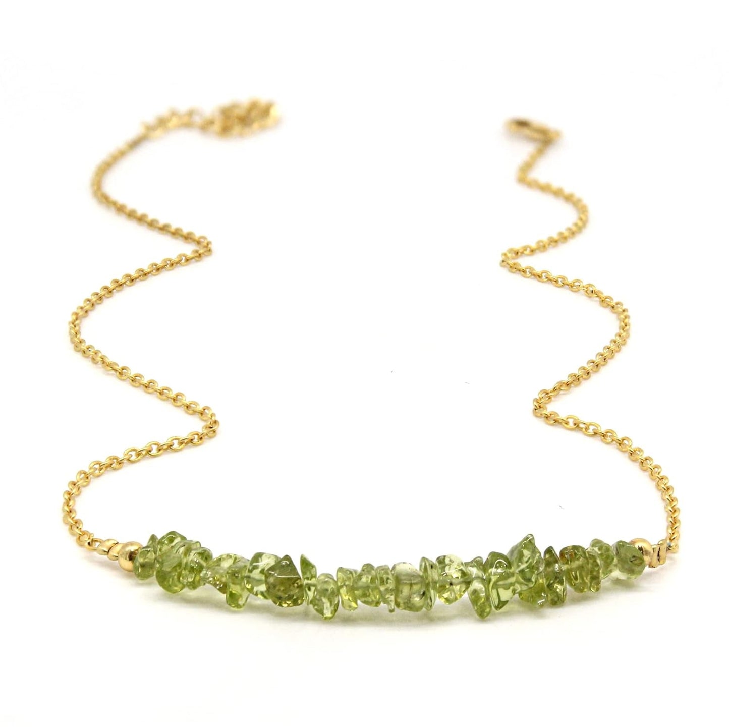 Gempires Peridot Chips Bar Necklace, Peridot Nugget Healing Crystals 3-5 Mm, August Birthstone Jewelry for Women, 18 Inches Adjustable Gold Plated Chain