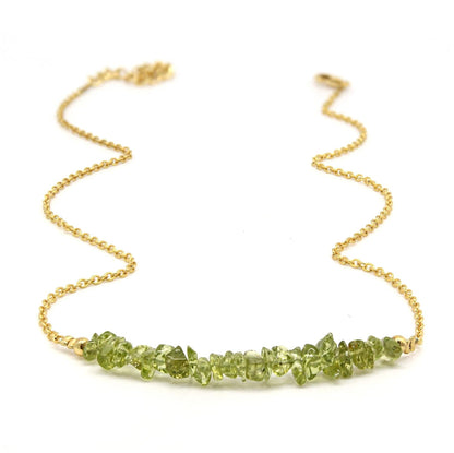 Gempires Peridot Chips Bar Necklace, Peridot Nugget Healing Crystals 3-5 Mm, August Birthstone Jewelry for Women, 18 Inches Adjustable Gold Plated Chain
